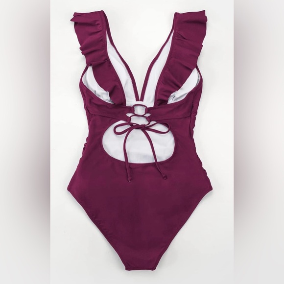 CUPSHE Women's Ruffled One Piece Swimsuit V Neck Lace Up - Picture 4 of 5